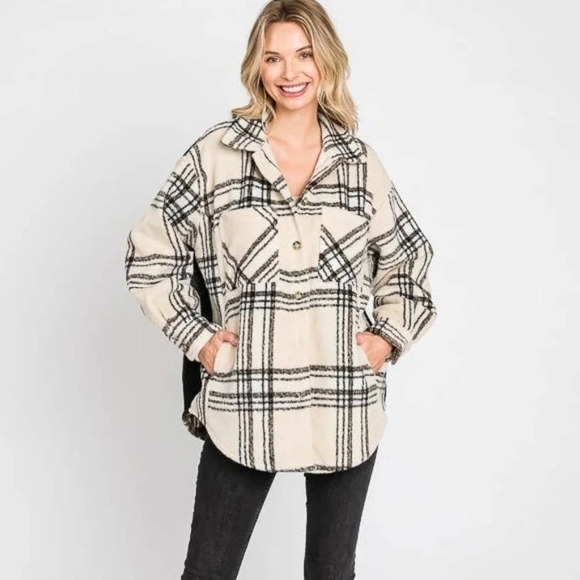 New! Ivory & Black Plaid Shacket With Pockets - Picture 2 of 11